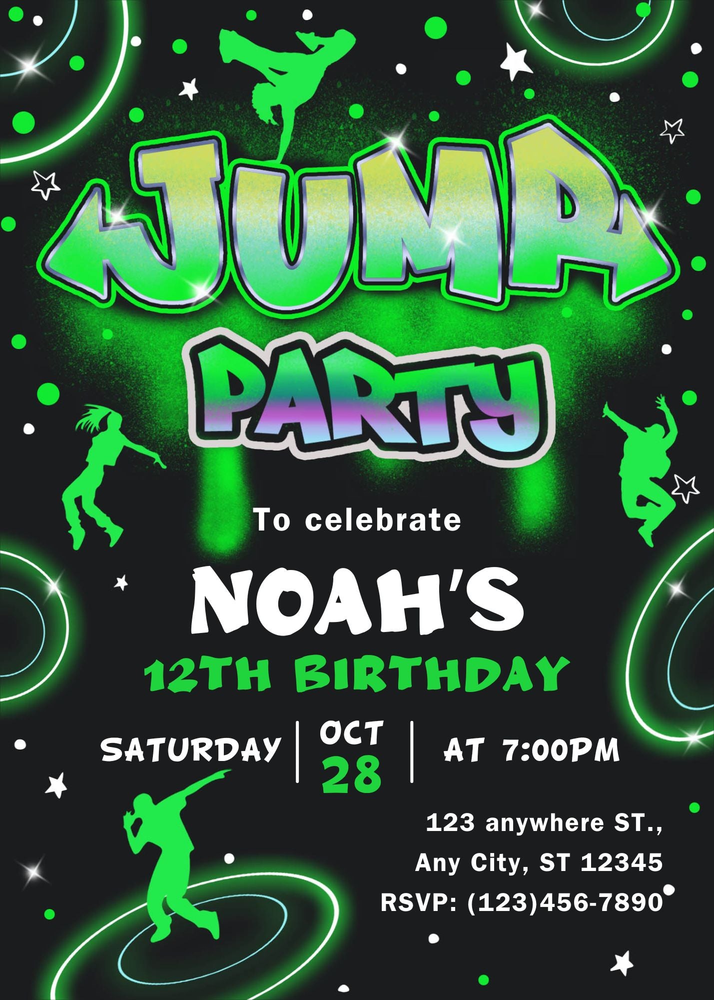 Neon Jump 12th Birthday Party  Invitation