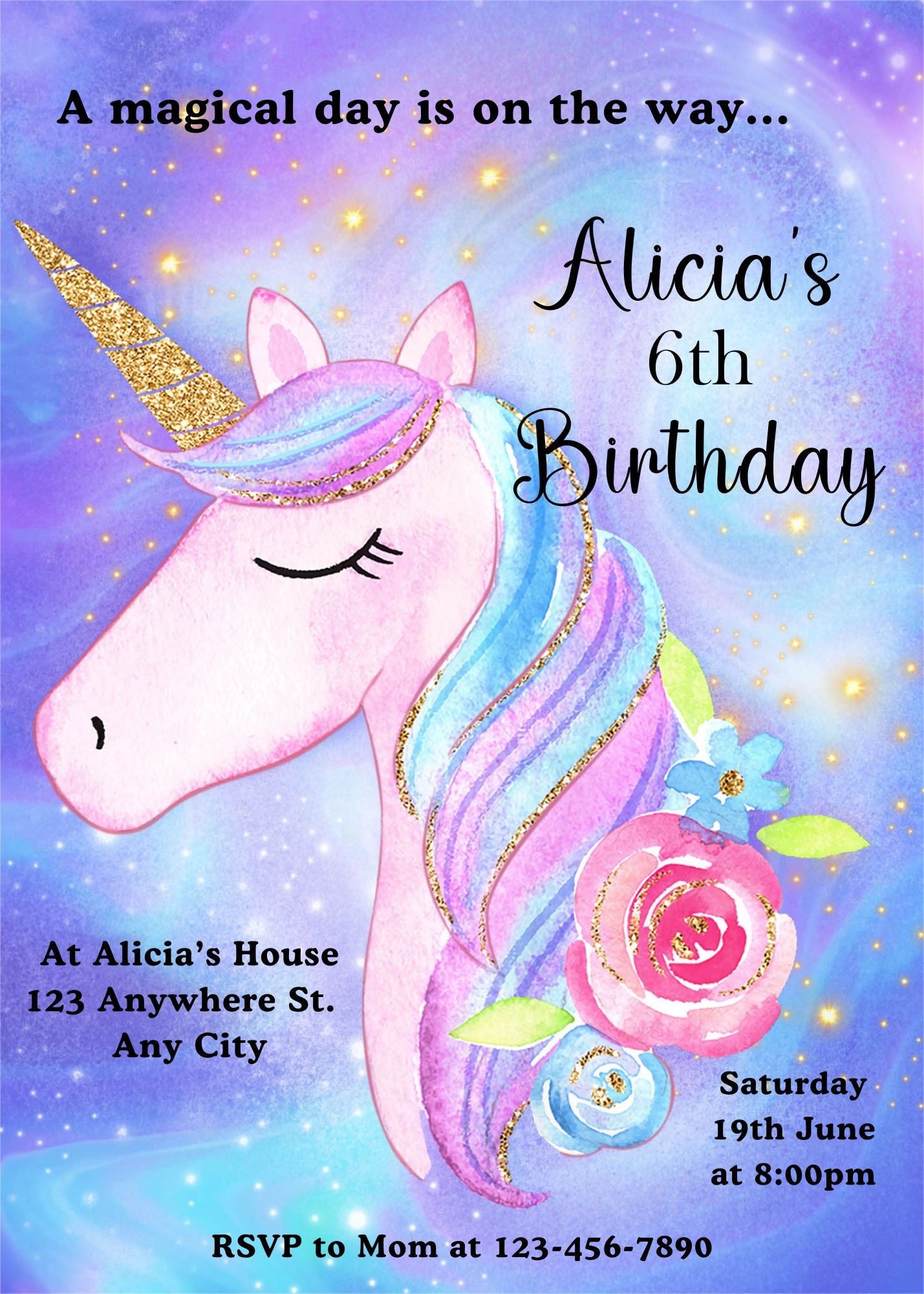 6th Birthday Party Invitation Unicorn Template