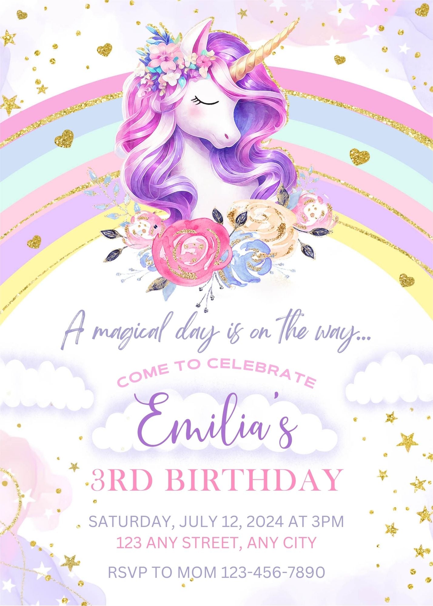 Happy 3rd Birthday Rainbow Glitter Invitation