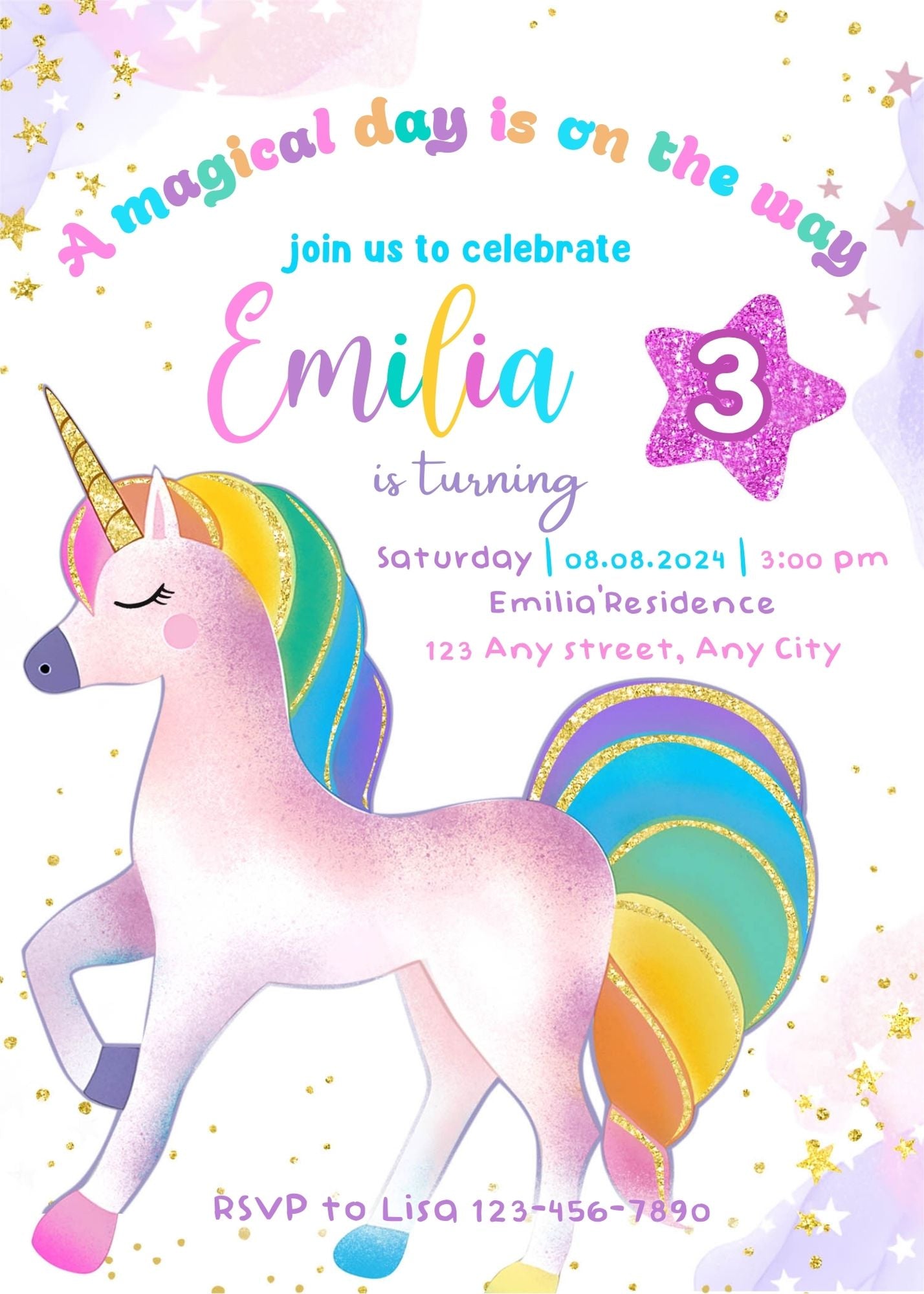 Girl 3rd Birthday Invitation, Glitter Unicorn Birthday Invite